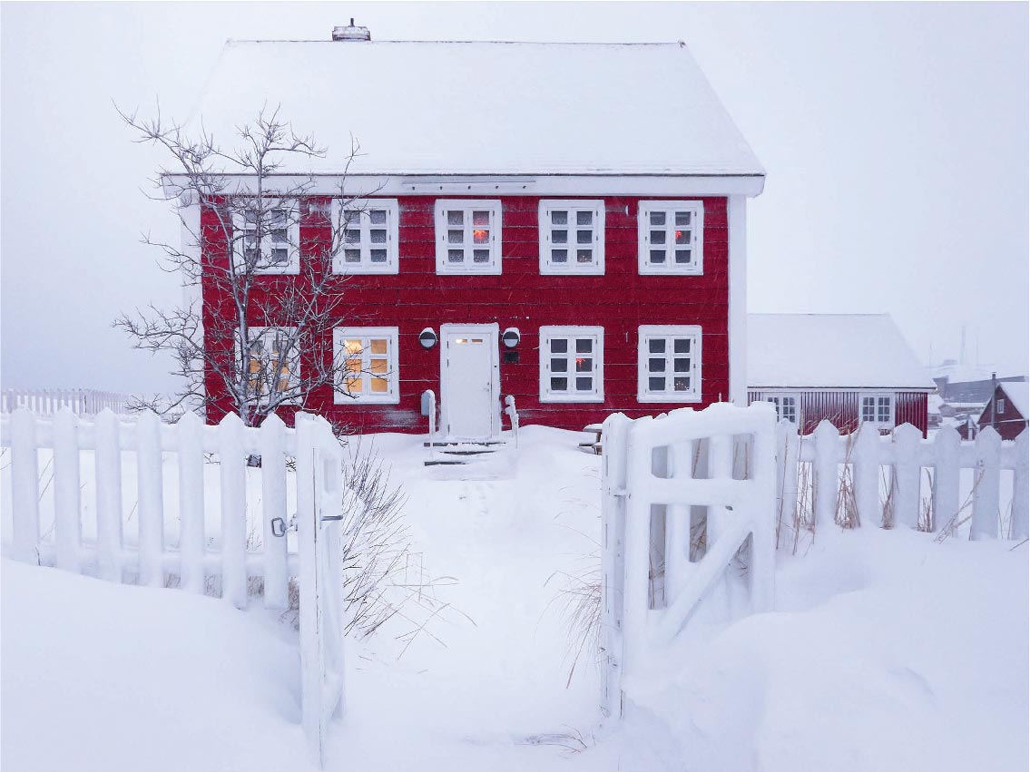 Image from Lisa Germany for the In My Backyard exhibition - a red house covered in snow